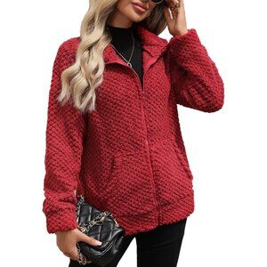 Women's Full Zip Stand Collar Fleece Sherpa Jacket with Pockets Wine Red